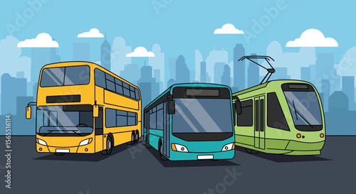 Cartoon Transportation: Yellow Double-Decker Bus, Teal Bus, and Green Tram with Cityscape