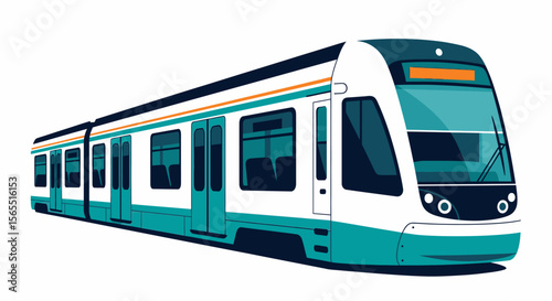 Modern Teal and White Light Rail Vehicle in Profile View