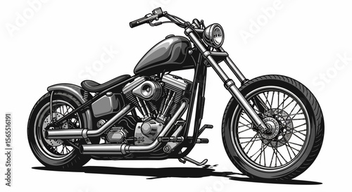 Detailed Black and White Chopper Motorcycle Illustration on White Background