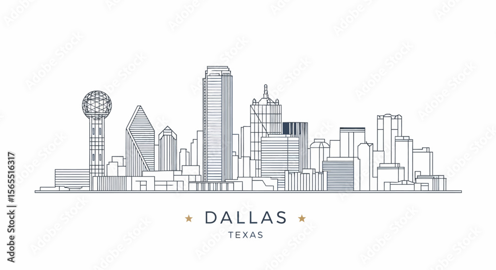 Naklejka premium Minimalist Dallas Skyline Illustration with Geometric Building Outlines