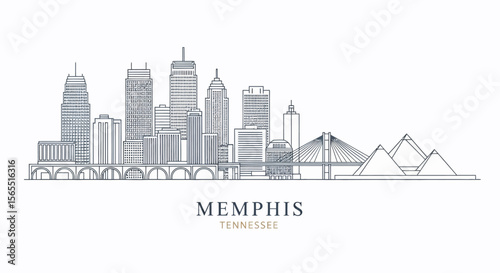 Memphis Tennessee Skyline Vector Illustration with Buildings, Bridge, and Pyramids