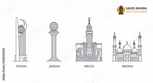 Line Art Illustrations of Riyadh, Jeddah, Mecca, and Medina Landmarks