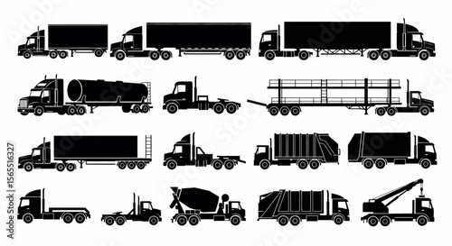 Collection of Black Silhouette Semi Trucks and Trailers: Various Cargo Types