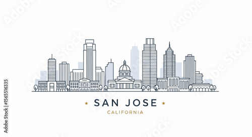San Jose California Skyline Line Art Illustration with Buildings and Landmarks