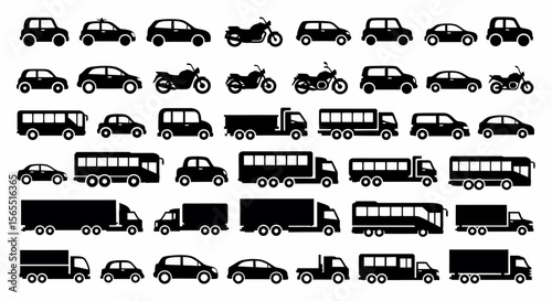 Collection of Silhouetted Vehicles in Various Sizes and Types