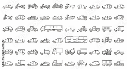 Outlined Transportation Vehicles: Cars, Trucks, Buses, and Motorcycles