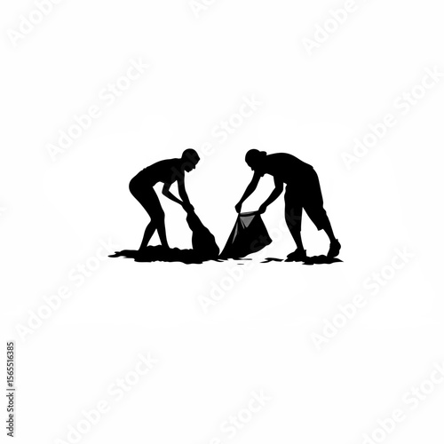 Silhouette of volunteers feeding rescued animals on white background
