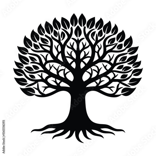 Detailed deciduous tree with roots and leaves silhouette vector illustration