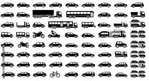 Collection of Black Silhouette Icons: Cars, Trucks, Buses, Motorcycles, and Bicycle