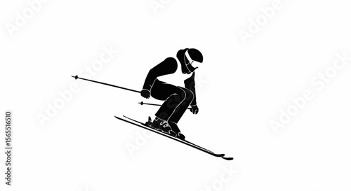 Alpine Skier Mid-Air Silhouette Vector – Winter Sports, Ski Jump, and Extreme Action Concepts