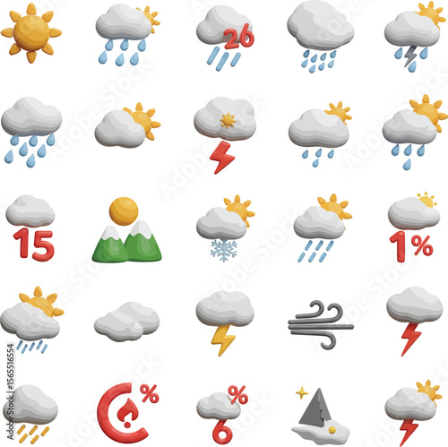 Collection of cartoon weather icons showing sun rain snow lightning wind and temperature