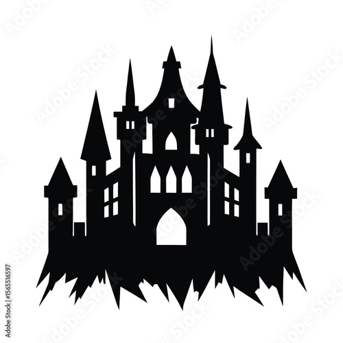 Dark spooky castle with towers and spires silhouette vector illustration