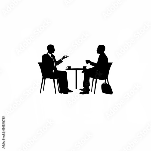 Silhouette of two business professionals negotiating a deal over coffee on white background