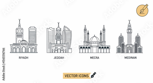Outline Illustrations of Riyadh, Jeddah, Mecca, and Medina Cityscapes