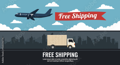 Flat Illustration of Airplane, Truck, and Free Shipping Banner over Cityscape