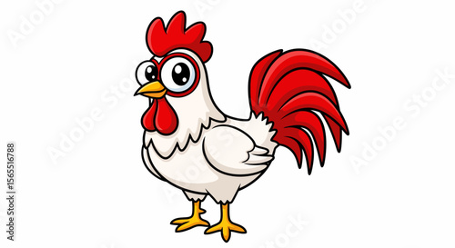 Cartoon Rooster Illustration: White Rooster with Red Comb and Tail Feathers, Standing Pose