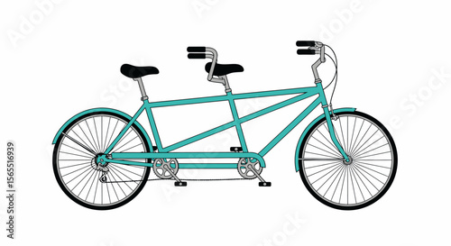 Teal Tandem Bicycle Illustration with Black Seats and Handlebars on White