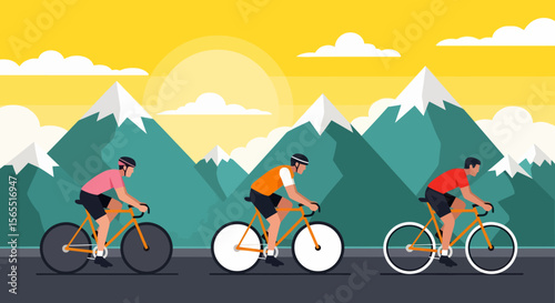Cyclists Riding Orange Bicycles in Mountainous Landscape, Vector Illustration