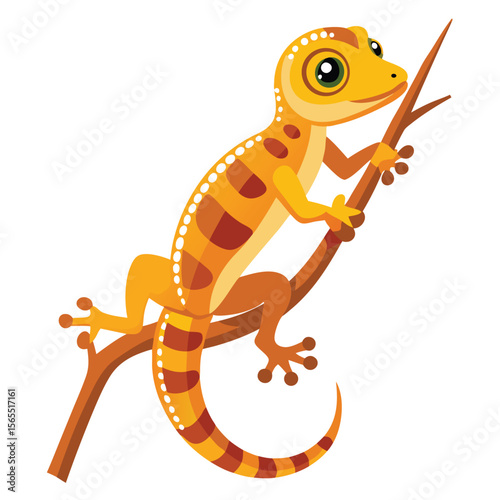 A curious gecko lizard clinging to a branch, isolated on a clean white background, highlighting its unique grip