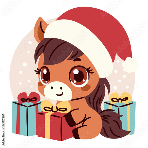 Cute colt with big eyes wearing santa claus hat holding gift boxes. Flat vector illustration in simple child style. Vector illustration
