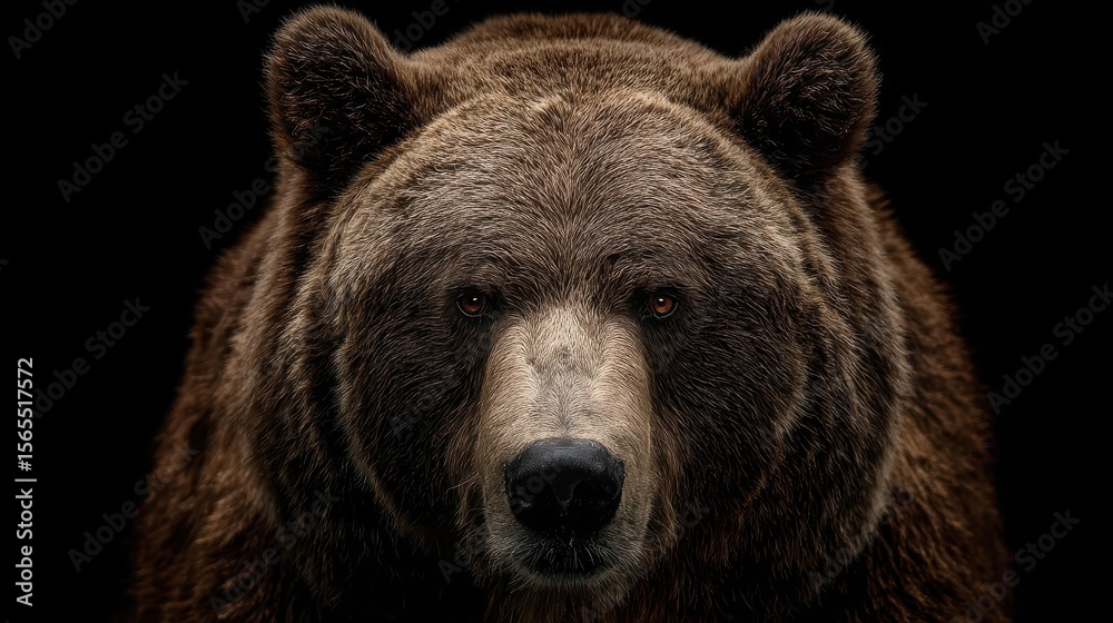Fototapeta premium A close-up portrait of a brown bear against a black background, looking directly at the camera.