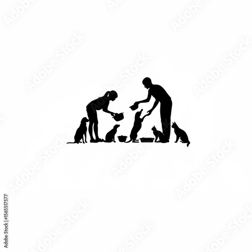 Silhouette of volunteers feeding rescued animals on white background