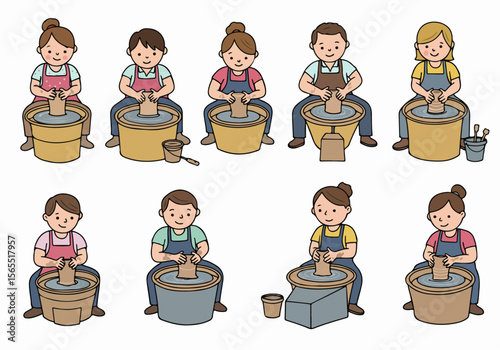 Illustration of diverse people, including adults and children, making pottery on wheels, depicting a creative craft activity or class.