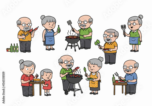 Cartoon illustration of happy senior people and a child enjoying a family barbecue outdoors with food and drinks.