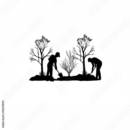 Silhouette of volunteers planting trees in a deforested area on white background