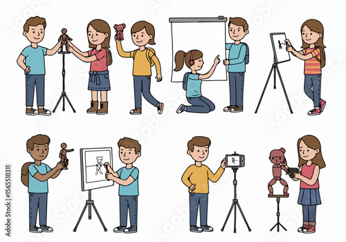 Young children and teenagers learn art, drawing, and stop motion animation techniques in a creative education setting, exploring illustration and crafting skills.