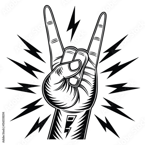 Black and White Hand Gesture with Lightning Bolts Illustration 1