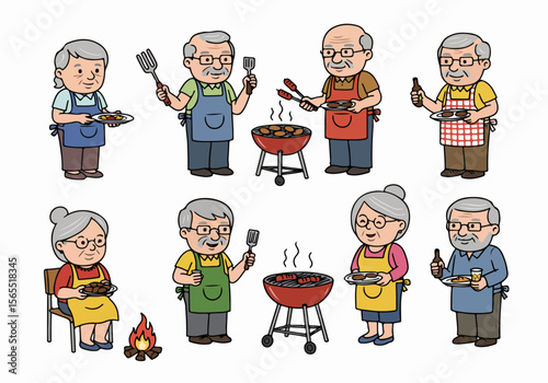 Set of cartoon senior citizens enjoying a barbecue, grilling food, holding plates and drinks.