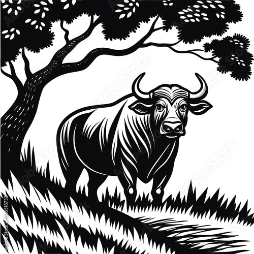 Black and White Bull Illustration Under Tree animal 1