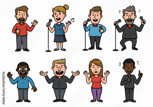 Cartoon illustrations of diverse people speaking, singing, and performing with microphones on stage.