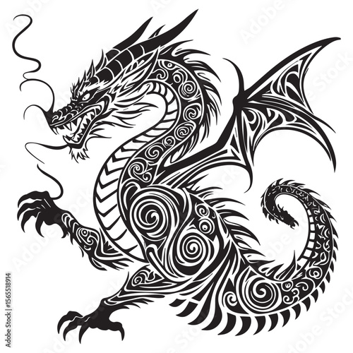 Tribal dragon tattoo design with swirling patterns and sharp claws on a white background