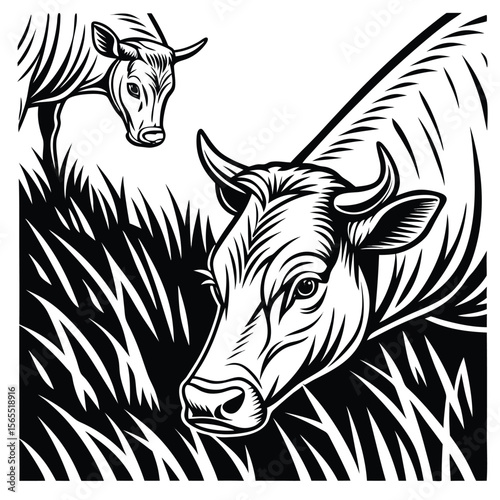Black and White Cow Illustration in Grass cattle animal