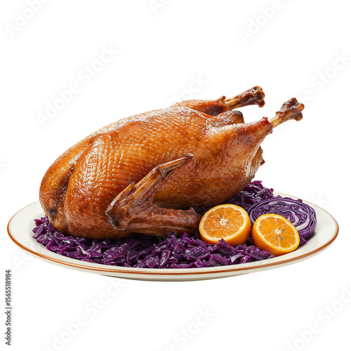 Roasted goose with red cabbage and oranges on a white plate  to St. Martin's Day
