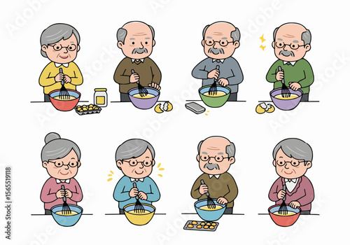 Simple cartoon illustration of senior men and women happily mixing ingredients in bowls for cooking or baking activities.