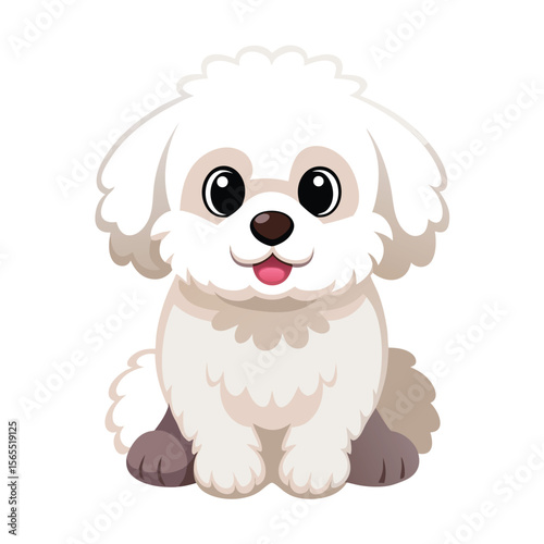 A fluffy Bichon Frise dog sitting patiently on a clean white background, embodying calm and sweetness