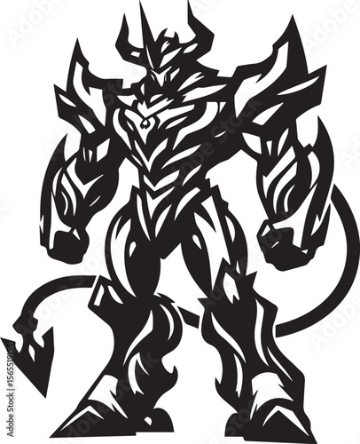 Bold graphic depiction presents a powerful robotic warrior within a stylized circle, perfect for technology themes or futuristic designs.