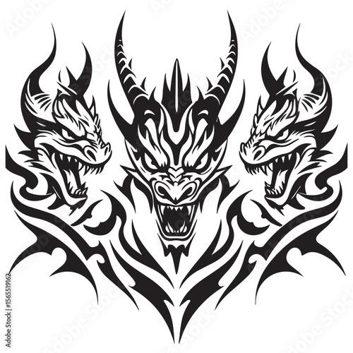 Three fierce black tribal dragon heads with sharp teeth and horns on a white background