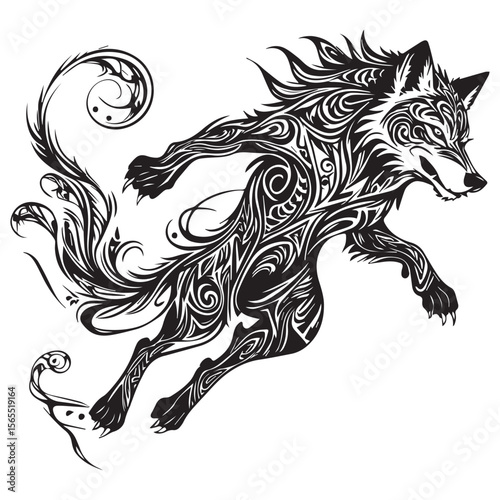 Tribal wolf in motion with intricate black swirling patterns and sharp claws on a white background