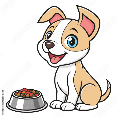 Cartoon Puppy with Food Bowl Smiling on White Background