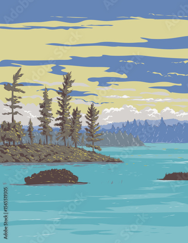 WPA style ukiyo-e or ukiyo illustration of Rainy Lake in Voyageurs National Park in northern Minnesota, USA done in retro style.