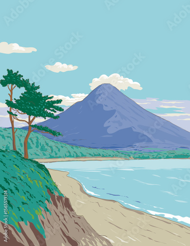 Ukiyo-e or ukiyo wpa style illustration of Shigetomi Beach with Mount Sakurajima in Kinkowan Bay within in Kirishima-Kinkowan National Park, Kagoshima, Japan.