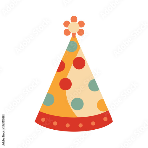 A festive party hat with polka dots and a pom-pom, isolated on a clean white background, for celebrations