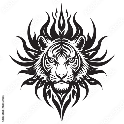 Intense black tribal tiger face with fiery mane and sharp claws on white background symbolizing power and ferocity