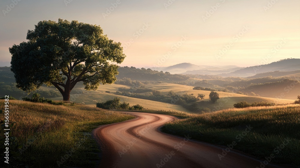 Fototapeta premium A winding dirt road meanders through a golden field with a large tree on the left, set against rolling hills under a soft, glowing sunrise or sunset sky.