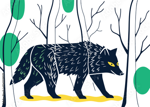 Ancient Forest Wolf Blending Wood and Moss Textures Botanic Style vector art design 
