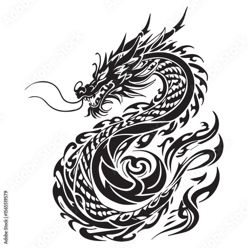 Stylized black tribal dragon tattoo design with flowing lines and sharp details against a white background